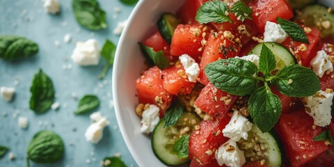 Fototapeta premium Watermelon and cucumber salad with feta cheese and mint leaves