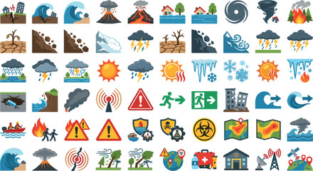 Fototapeta premium Natural Disasters and Extreme Weather Icon Set with Earthquakes Volcanoes Tsunamis Floods Tornadoes Wildfires Droughts Emergency Rescue and Evacuation Vector ElementsNatural Disasters and Extreme Weat