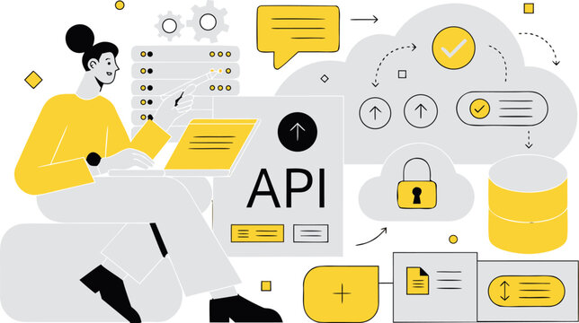 API Integration and Development with Connected Cloud Services Enterprise Data Exchange and Software Interoperability Flat Vector Illustration
