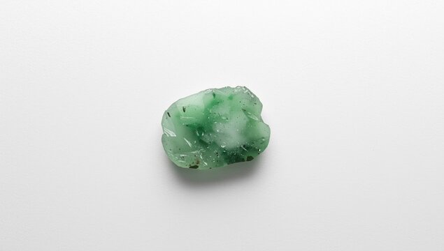 Untreated jadeite fragment resting on a clean white canvas