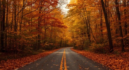 Plakat Scenic autumn forest road covered with colorful fall leaves under warm golden light