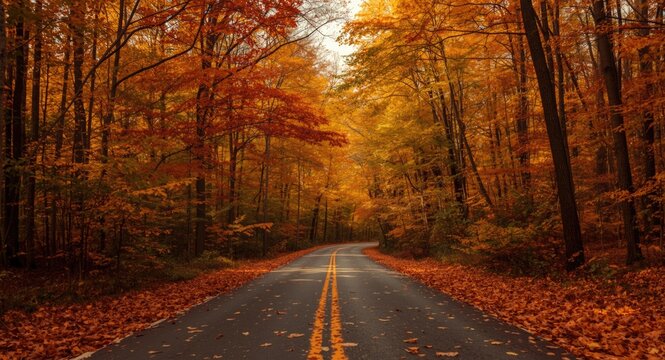 Scenic autumn forest road covered with colorful fall leaves under warm golden light