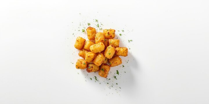 Golden crispy tater tots garnished with fresh herbs