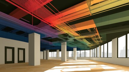 Fototapeta premium Modern interior with colorful illuminated ceiling conduits in an empty space