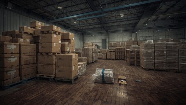 Warehouse interior stacked with carton boxes on pallets with varnished wooden flooring and fixtures