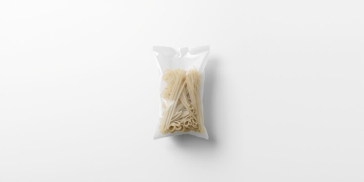 Isolated white plastic bag filled with spaghetti pasta shown on a uniform white background for packaging
