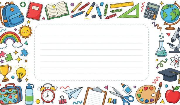 Cute School Planner Page with Colorful Stationery Cartoon Border, Timetable Layout and Education Frame Vector