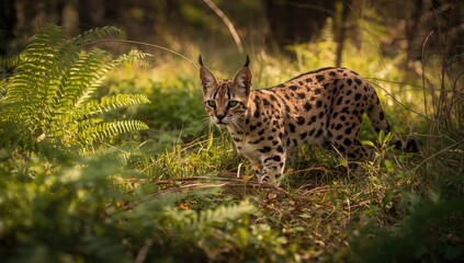 Noble serval exploring verdant forest landscape © AkuAku