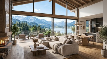 Fototapeta premium Luxurious Living Room with Mountain View and Fireplace.