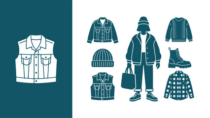 Winter clothing wardrobe collage with denim vest, jackets, beanie, parka, boots, plaid shirt, and bag. Full-body fashion illustration. Vector EPS 10. © Muchib R.