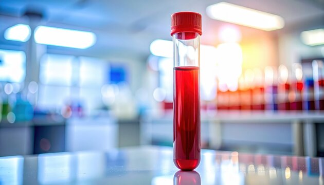 Close-up of a Blood Sample in a Laboratory Test Tube with Red Fluid