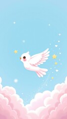 Fototapeta premium Cute Cartoon Dove Flying Through Clouds