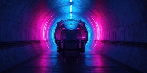 Fototapeta premium Futuristic tunnel with colorful neon lights and reflections