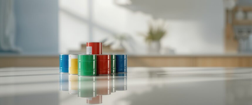 Various colored paint cans representing household hazardous waste leftovers
