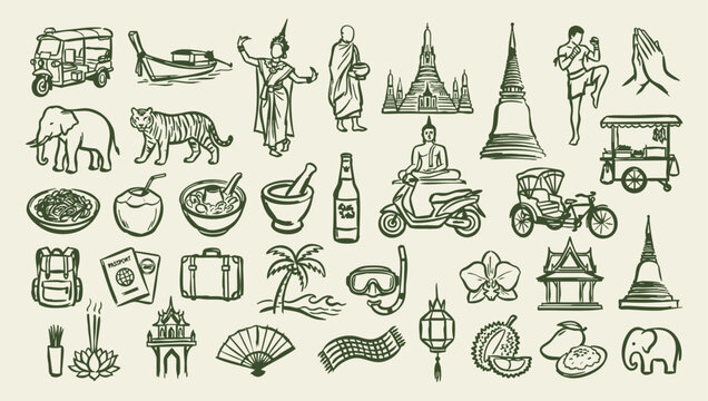 Thailand travel doodle vector illustration set with hand drawn Thai landmarks food culture and tourism icons