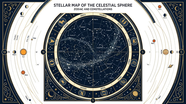 Stellar map, celestial sphere, astronomy, constellations, star chart isolated on White Background flat vector