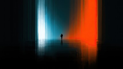 Fototapeta premium Solitary figure walks towards glowing abstract portal of light