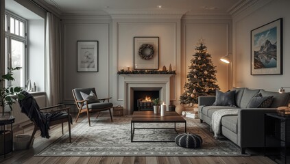 Fototapeta premium Cozy living room decorated for the holidays with a Christmas tree