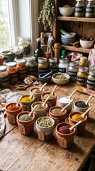 Fototapeta premium Aromatic spices and seasonings in rustic bowls on dark wooden background with scattered peppercorns, star anise and dried chili peppers creating culinary