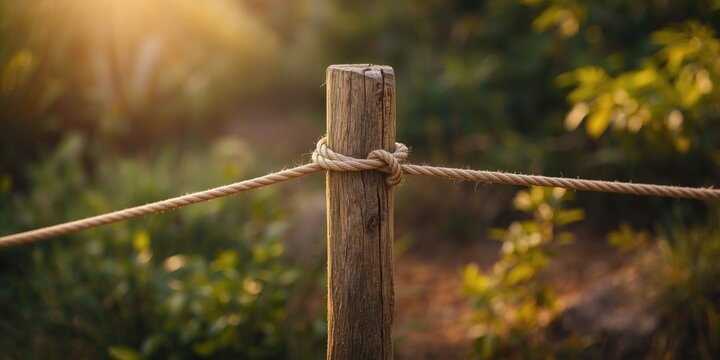 Outdoor scene showing braided ropes wrapped firmly around a wooden stake