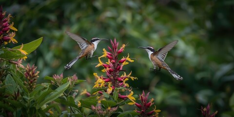 Fototapeta premium Two hummingbirds hovering near colorful flowers