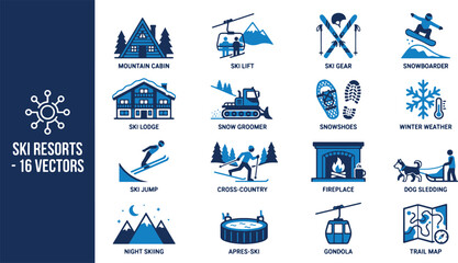 Blue and white winter sports icon set featuring skiing snowboarding mountain lodges cable cars and outdoor alpine recreational activities © RZVI