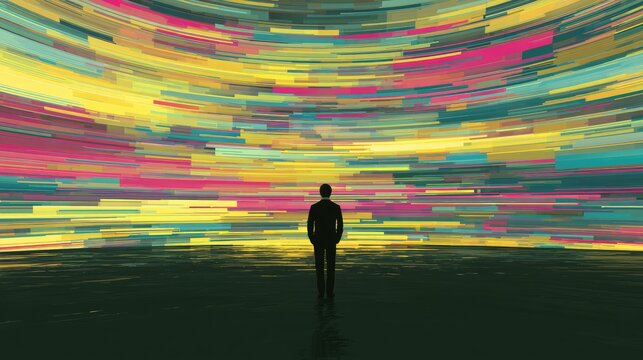 Solitary figure gazes into a vibrant, curved digital light display