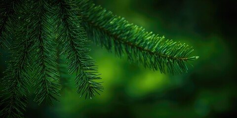 Fototapeta premium Pine tree branches with green needles against blurred background