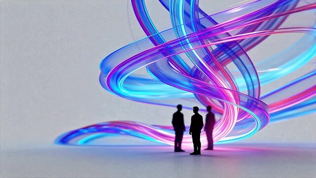 Three silhouettes near colorful abstract forms