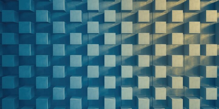 Modern art showing a wall of elevated cubes shaded in different blue and yellow tones