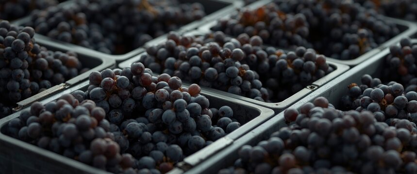 Close-up of premium Pinot Noir grape harvest packed in bins prepared for vinification