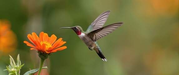 Fototapeta premium Hummingbird hovering near vibrant orange flower
