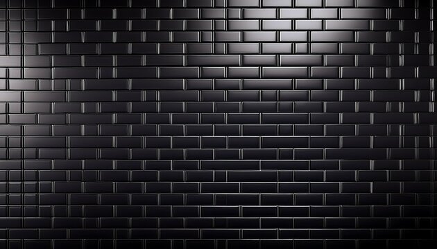 glossy black ceramic subway tiles with reflections and grout lines in rectangular pattern