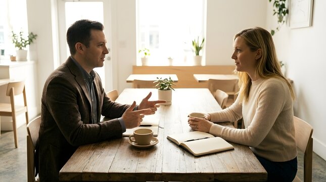 A young couple is engaged in a relaxed conversation over coffee at a charming cafe table highlighting a moment of connection and shared enjoyment within a warm inviting interior environment
