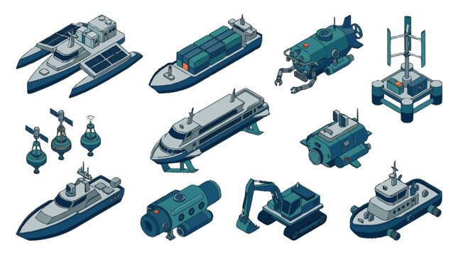 Isometric Collection of Industrial Vehicles and Equipment.