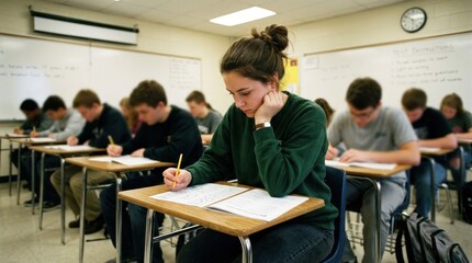 Fototapeta premium Several students are seated at desks in a classroom, focused on taking a test. A young woman with a bun is leaning forward, concentrating on her exam paper while holding her head in her hand.