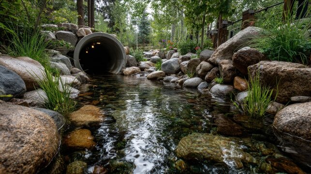 Large concrete drainage pipe emptying into a clear rocky stream in a lush green park