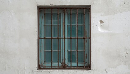 Obraz premium Rusty barred window with turquoise glass on a white wall
