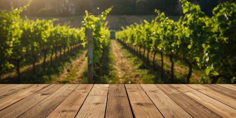Fototapeta premium Vineyard rows with wooden table in foreground