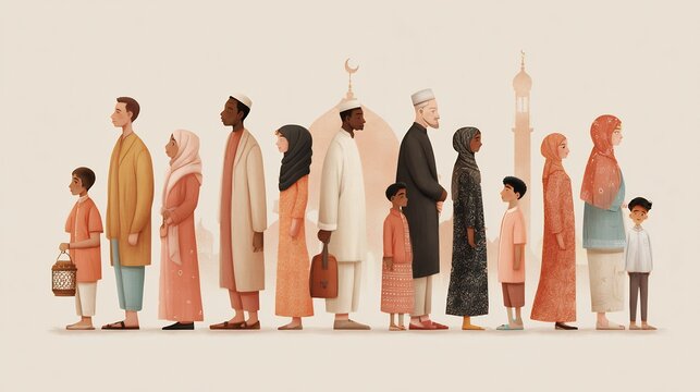 Diverse people in traditional Middle Eastern clothing standing in line crowd multicultural