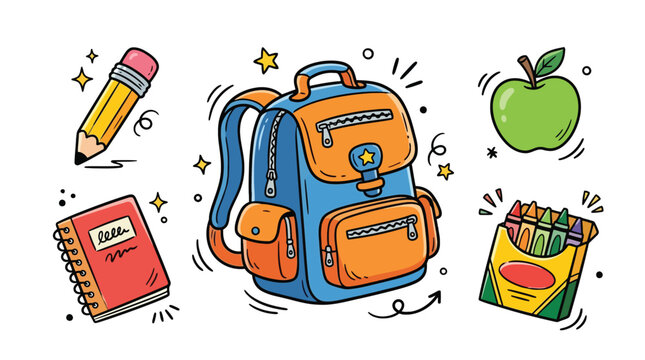 Student school supplies doodle vector illustration set featuring children backpack pencil notepad notebook box of crayons and green apple