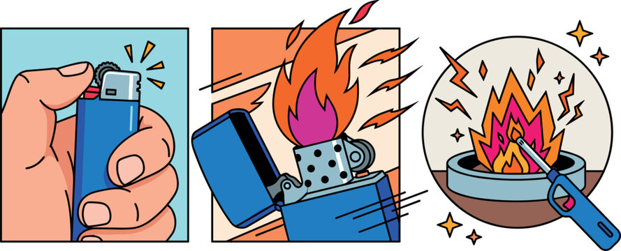 Cigarette Lighter and Fire Flame Illustration Set in Pop Art Comic Style for Trendy Graphic Designs, Posters, Stickers, and Digital Media