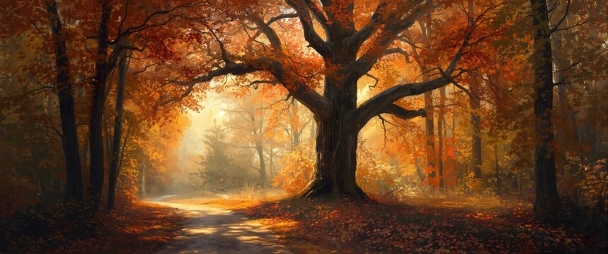 expressive oil painting of a quiet autumn woodland setting