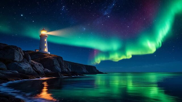 Lighthouse under northern lights