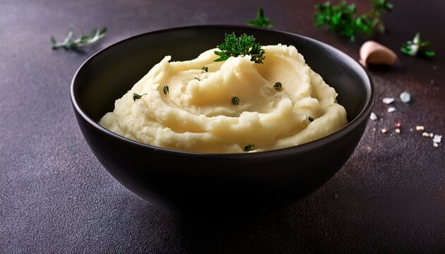 mashed potatoes in a black bowl on a dark background