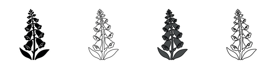 Collection of four stylized foxglove flower icons in different graphic styles © Ophelia