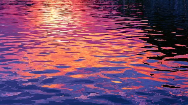 Vibrant sunset colors reflect and ripple across a tranquil water surface