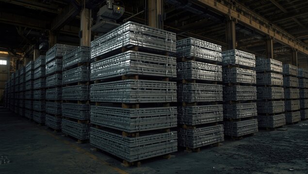 Organized stacks of aluminum billets and alloys in industrial setting