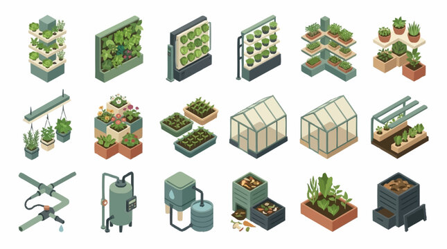 Isometric illustration of various hydroponic gardening systems and tools.