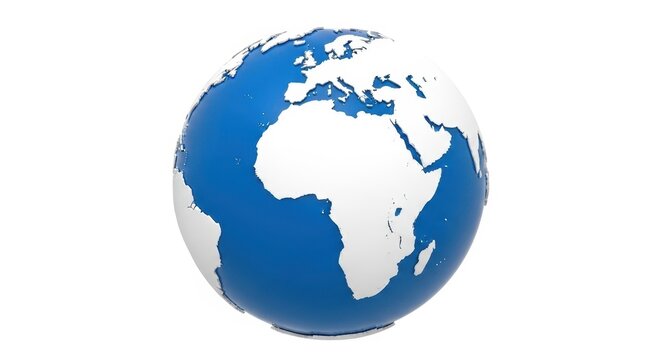 Blue and white globe with continents on white background